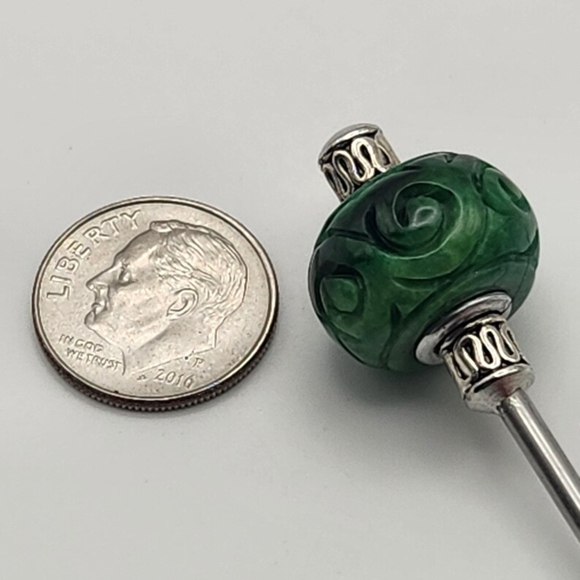 🌿 Jadesong Orb Stainless Steel Hair Stick, Carved Burmese Jade Epic Updo Pin - Picture 9 of 9
